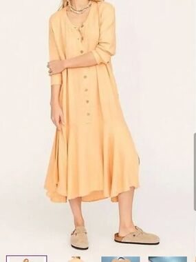 Free People Peach Button-Front Midi Dress Size M Oversized Linen Mix Material